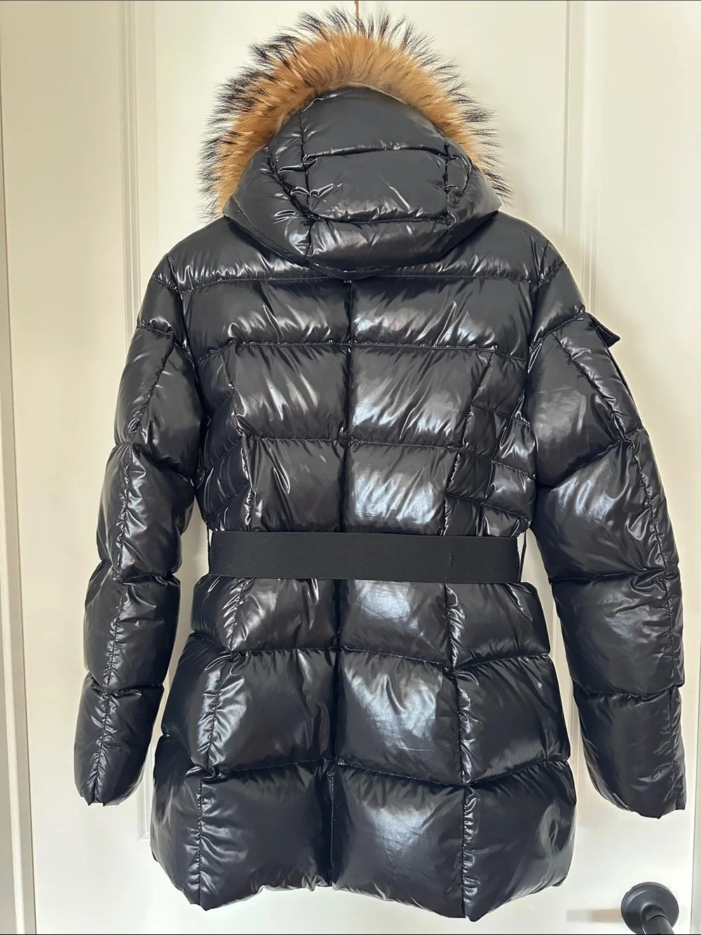 SAM New York Fox Fur-Trim Belted Down Puffer Jacket (Mid-length)